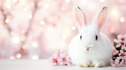 Fototapeta premium Easter Bunny in Pink Bloom: A fluffy white bunny sits amidst a dreamy backdrop of soft pink blossoms, embodying springtime joy and the spirit of renewal.