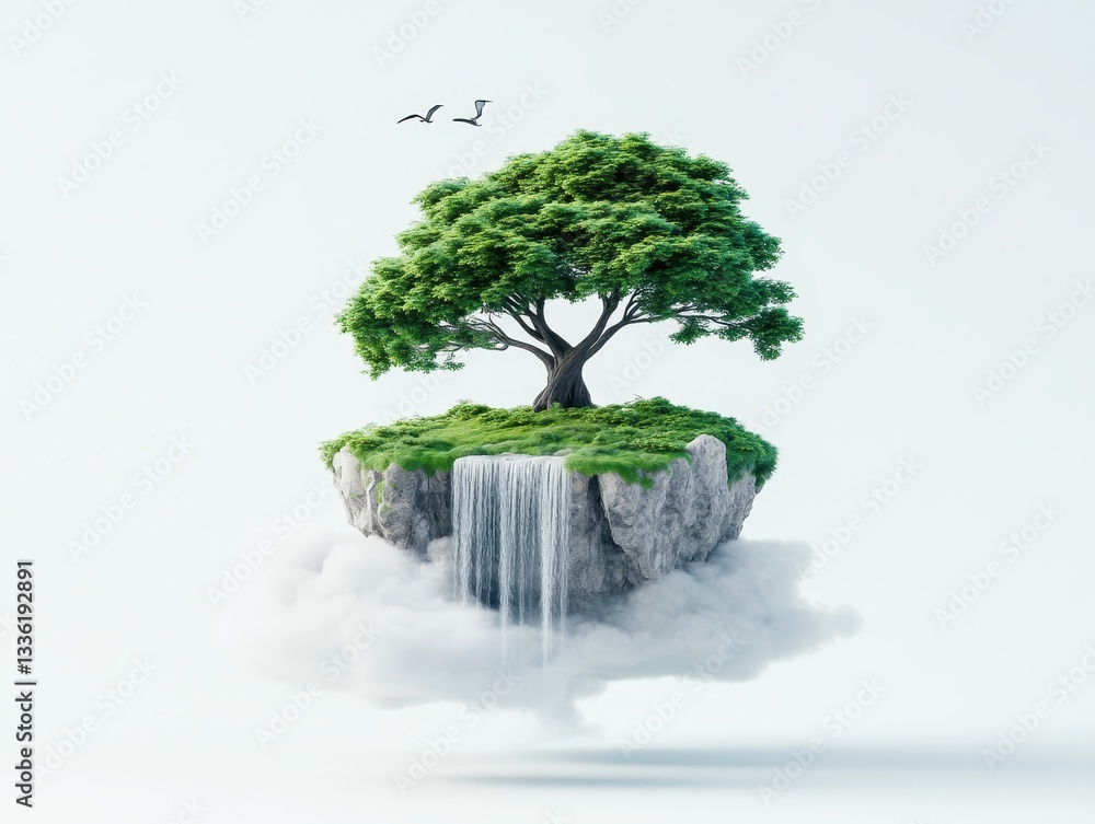 Poster floating island with a lush tree and waterfall surrounded by clouds