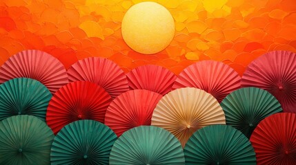 Naklejka premium Colorful Paper Fans Against a Bright Orange Sunset Background in Vibrant Decorative Scene