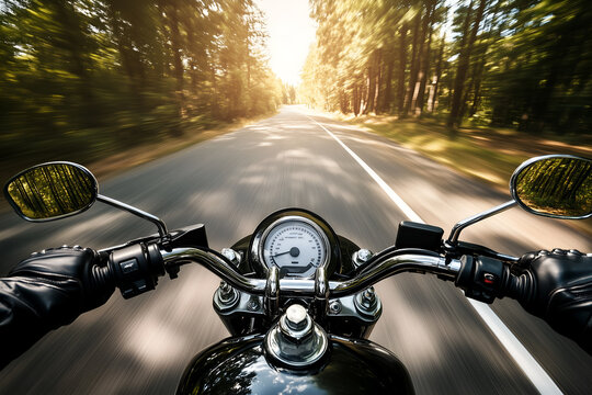 Point of view of a motorcyclist riding on the road