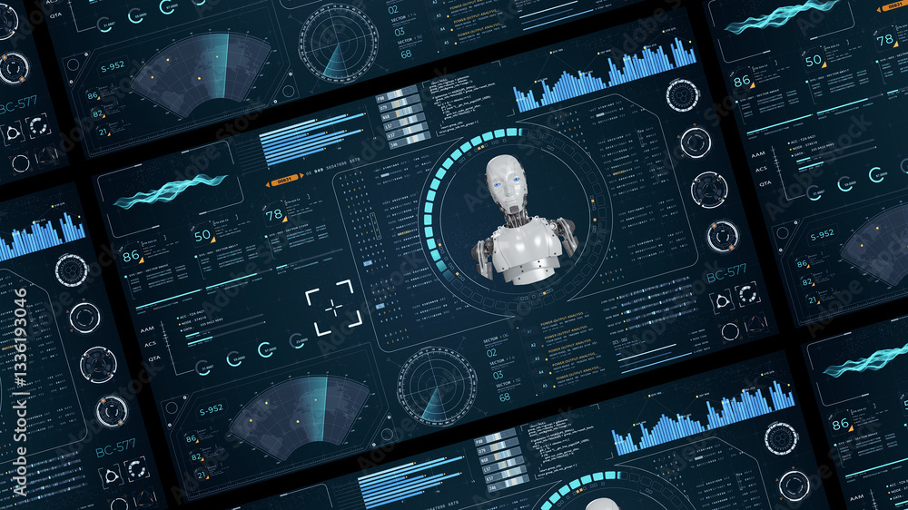 Poster blue digital robot head with head up display (hud ui) and futuristic technology abstract background 