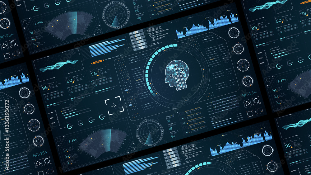 Poster blue digital robot head with head up display (hud ui) and futuristic technology abstract background 