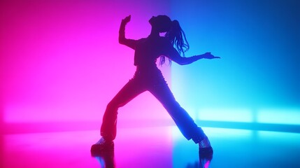 Obraz premium Young woman dances dynamically against vibrant neon backdrop. Modern dancer performs contemporary dance in smoke filled studio.