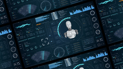 Blue digital robot head with head up display (HUD UI) and futuristic technology abstract background artificial intelligence and assistant machine learning