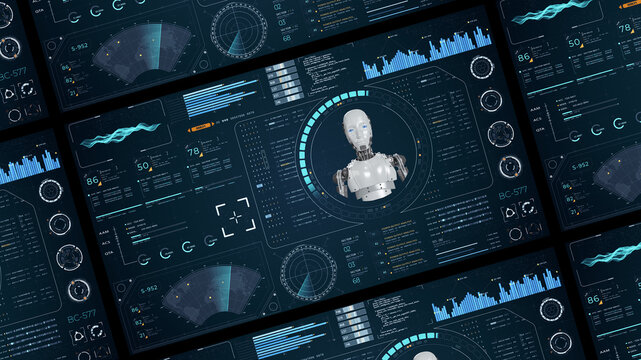 Blue digital robot head with head up display (HUD UI) and futuristic technology abstract background artificial intelligence and assistant machine learning