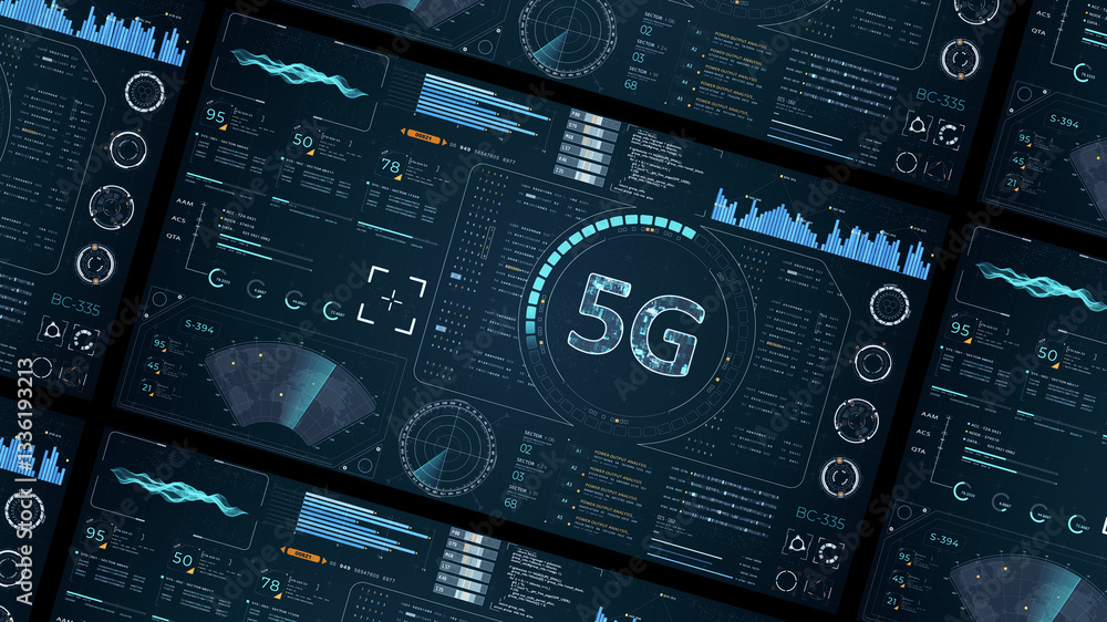 Poster blue digital 5g letter logo with head up display (hud ui) panel and futuristic technology abstract b