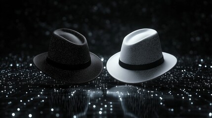 white and black hats against a cyber background. symbolizing  white (ethical) and black hat hackers