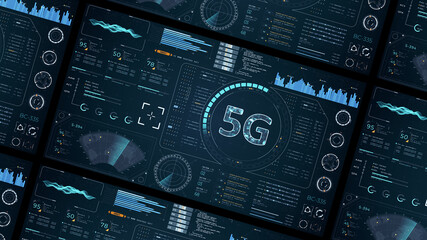 Blue digital 5G letter logo with head up display (HUD UI) panel and futuristic technology abstract background generation of connection