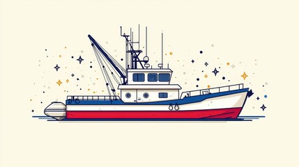 Fototapeta premium Colorful Illustration of a Fishing Boat with Nautical Elements and Decorative Stars and Dots
