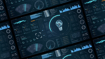 Blue digital lamp logo with head up display (HUD UI) panel and futuristic technology abstract background lightbulb and ideas concept