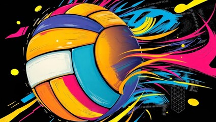 A Vibrant Volleyball Explodes With Energy, A Dynamic Burst Of Color Capturing The Thrill Of The Game And The Spirit Of Competition In A Bold, Graphic Style