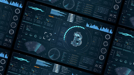 Blue digital money logo with head up display (HUD UI) panel and futuristic technology abstract background crypto currency finance and digital money