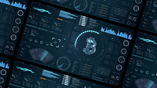 Blue digital money logo with head up display (HUD UI) panel and futuristic technology abstract background crypto currency finance and digital money