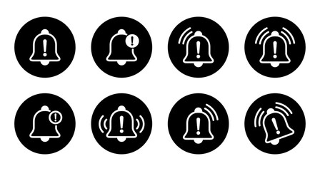Warning bell icon set collection on black circle. Danger caution notification sign symbol