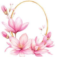Fototapeta premium Floral Frame Elegance: Captivating watercolor illustration of a delicate floral frame, adorned with soft pink magnolia blossoms and golden accents. Perfect for adding a touch of grace to any design.
