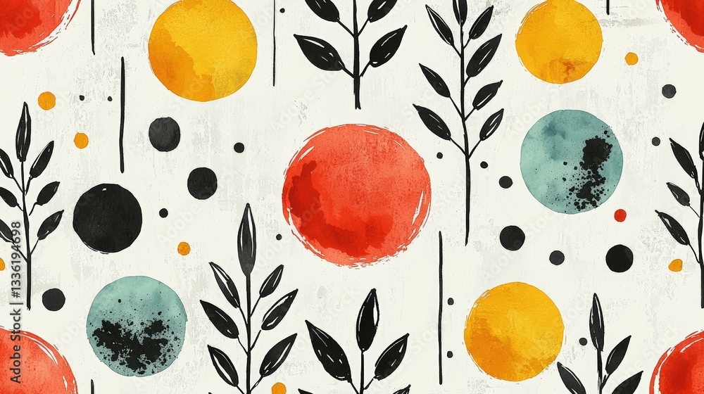 Poster colorful abstract pattern with leaves and circles on light background