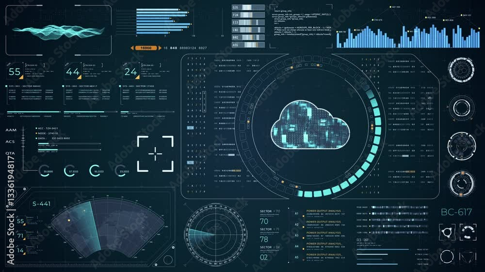 Poster motion graphic of blue digital cloud computing with head up display (hud ui) with circuit panel back
