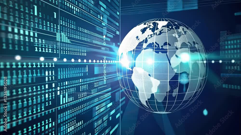 Poster global data network. dynamic graphic displays digital information and earth