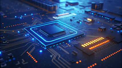 Fototapeta premium Futuristic Circuit Board, Microchip, Electronic Components, Tech Innovation