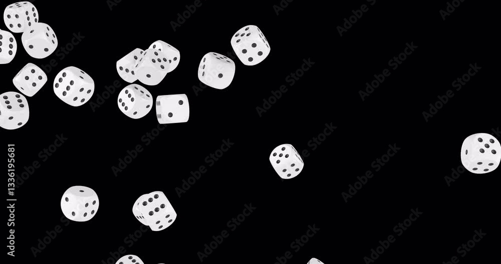Poster dice falling down. 3d animation on transparent background