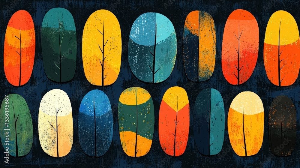 Poster vibrant abstract trees in vivid colors on dark background for nature and art concepts