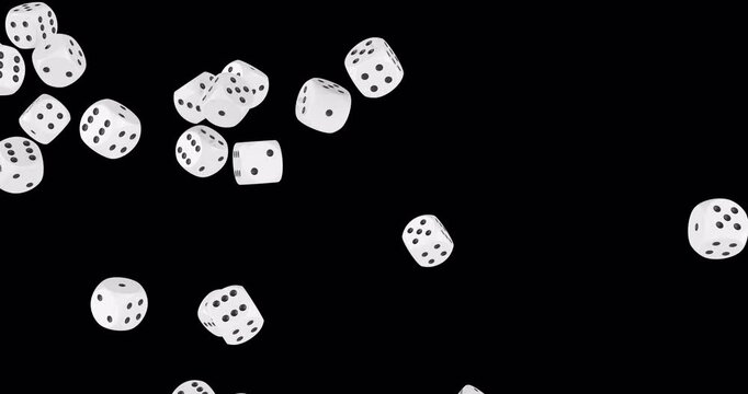 Dice falling down. 3D animation on transparent background