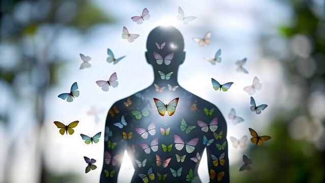 mental heath awareness. abstract human silhouette dissolving into butterfly