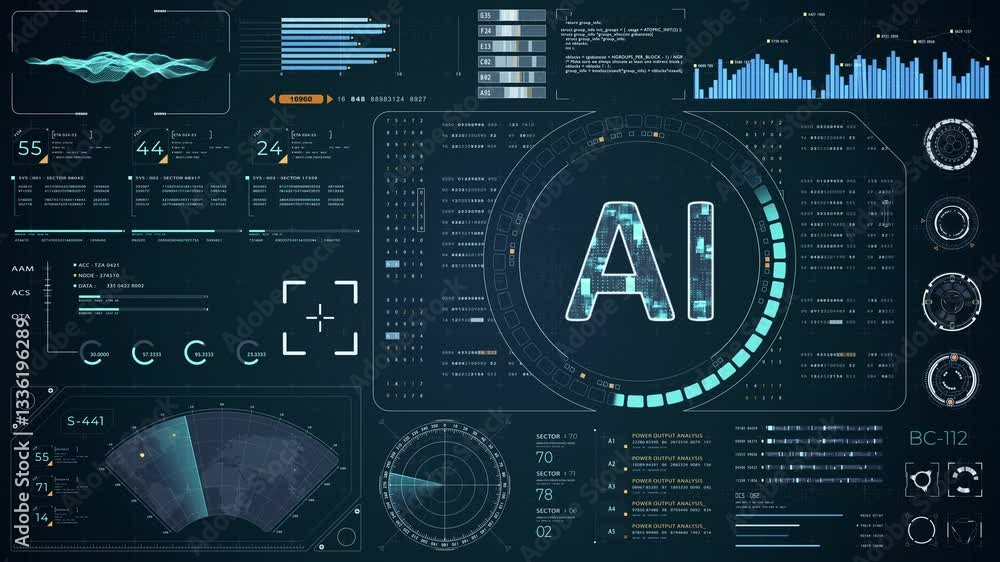 Poster motion graphic of blue digital ai with head up display (hud ui) panel and futuristic technology abst