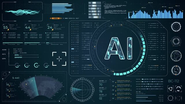 Motion graphic of Blue digital AI with head up display (HUD UI) panel and futuristic technology abstract background artificial intelligence and robot assistant machine learning vertical video concepts