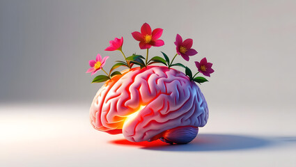Surreal glowing brain with blooming flowers, mental health, mindfulness, self growth
