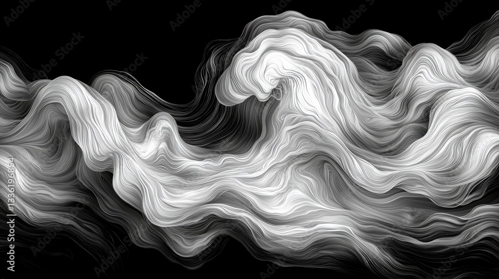 Poster abstract swirling waves in black and white with flowing lines and smooth textures