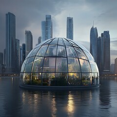 Fototapeta premium Geodesic dome greenhouse with vibrant vegetation in urban environment high resolution picture
