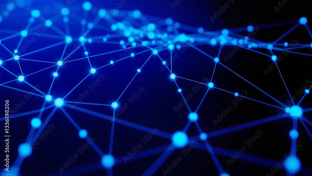 Poster a mesmerizing cosmic network of glowing blue nodes interconnected by luminous lines forming a boundl