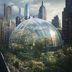 Fototapeta premium Lush plants inside geodesic dome greenhouse against city backdrop high resolution picture