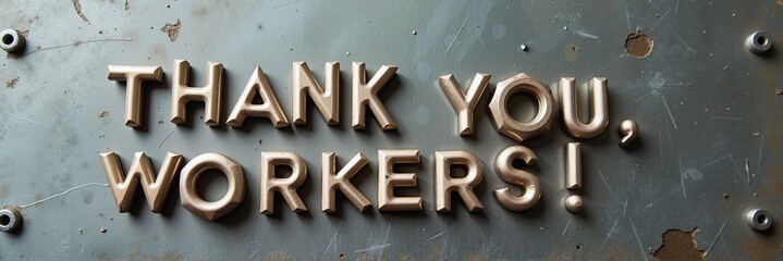 Metal sign reading "THANK YOU, WORKERS!" with golden letters on a textured gray background, symbolic of Labor Day appreciation, concept of labor unions or worker advocacy