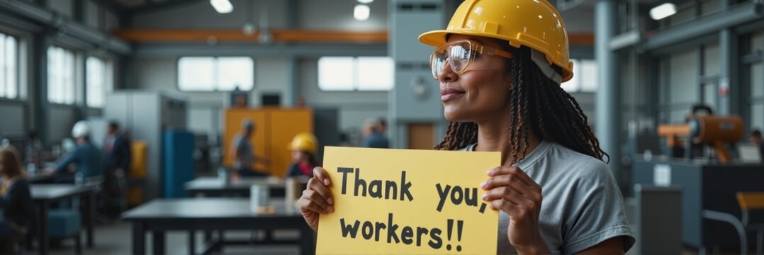 Smiling African American woman wearing glasses and a hard hat, holding a sign reading "Thank you, workers!!" in an industrial workspace, Labor Day concept of appreciation and recognition.