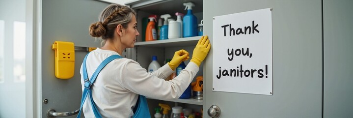 Appreciative woman wearing yellow gloves organizing cleaning supplies in a cabinet, bright indoor setting, gratitude concept of service industries or cleaning companies