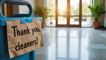 Thank you sign on a cleaning cart in a bright and modern lobby with sunlit windows, appreciation concept of cleaning services or facilities management