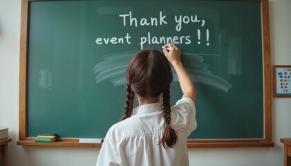 Grateful young girl with braided hair writing "Thank you, event planners!!" on a classroom blackboard, showcasing appreciation against a school backdrop, concept of education or events.