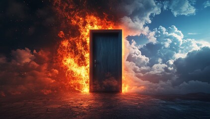 A dark wooden door stands between fiery and serene skies