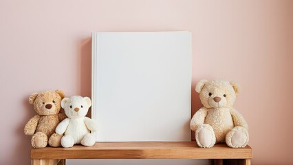 Cute teddy bear mockup with a blank book, perfect for children's themes and designs.