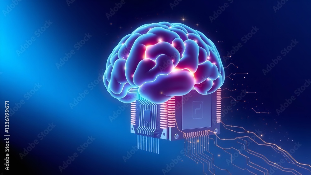 Poster the merging of human intellect and digital technology, a radiant brain seamlessly integrated with a 