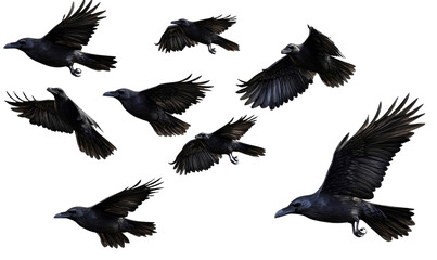 [Transparent Background PNG]A Flock of Crows in Flight