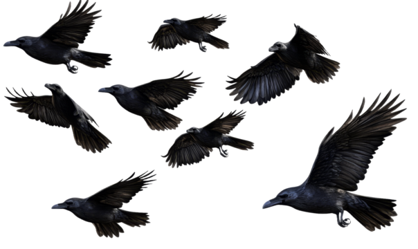 [Transparent Background PNG]A Flock of Crows in Flight