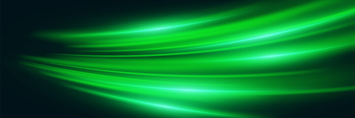 Green glowing speed lines. Light trail and vortex effect.