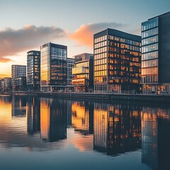 Sunset reflections of modern city skyline on calm water high resolution picture