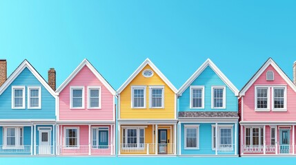 Colorful Row of Charming Houses Against a Clear Blue Sky in a Vibrant Neighborhood Scene