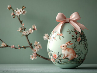an intricately painted Easter egg with a floral and bunny design, adorned with a pink ribbon bow at the top. The background is a muted gray.