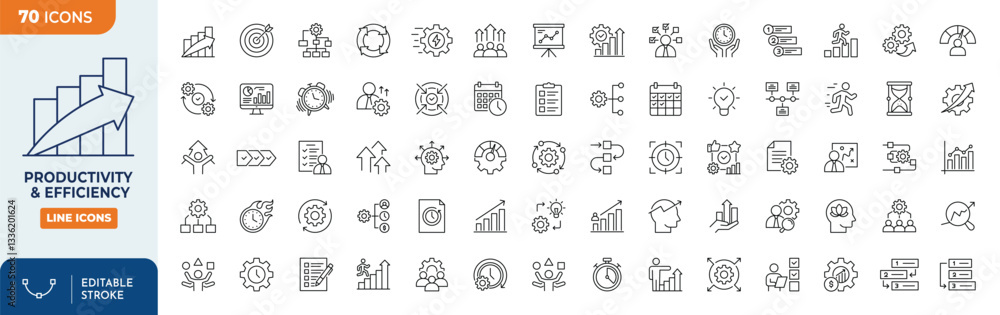 Poster productivity and efficiency line editable icon set. editable stroke. vector illustration.