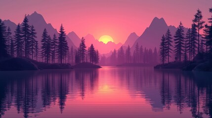 Obraz premium Serene Twilight Landscape with Mountains, Trees, and Reflective Water Under a Pink Sky